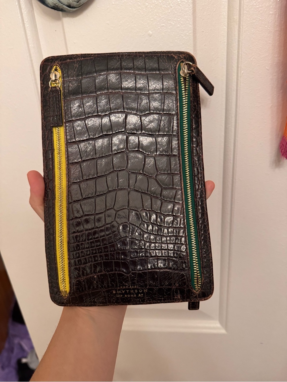 Smythson Brown Croc-Embossed Leather Zip Pouch